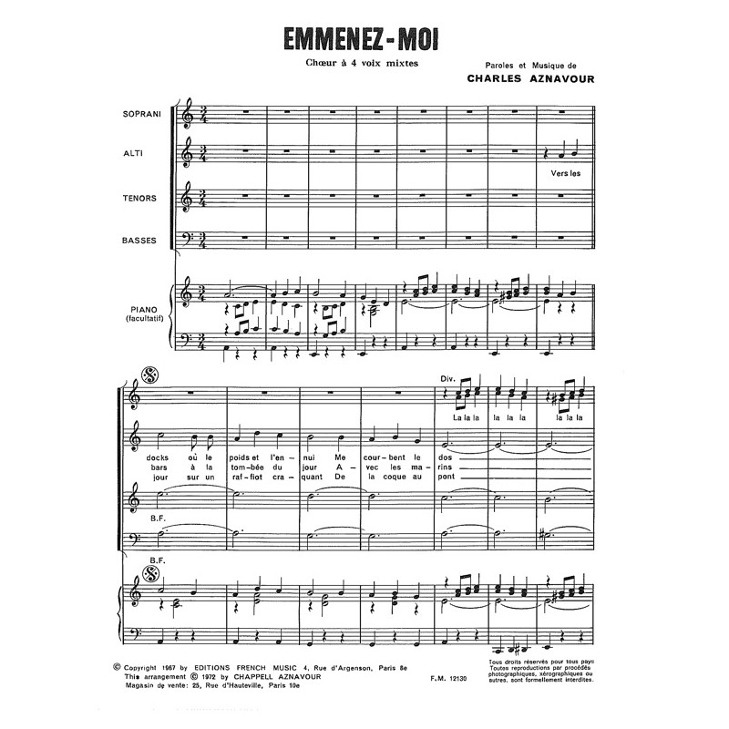 Sheet music EMMENEZ-MOI (CHOIRS) Charles AZNAVOUR