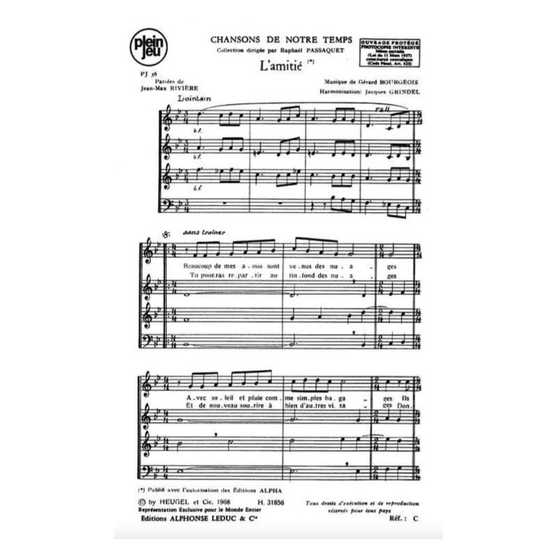 CHANSONS DE NOTRE TEMPS - L'AMITIÉ partition SATB