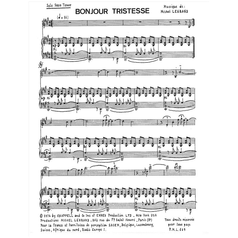 Sheet music BONJOUR TRISTESSE Michel LEGRAND