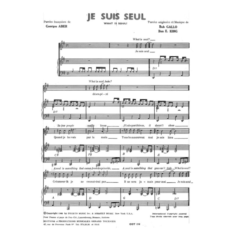 Sheet music JE SUIS SEUL ( WHAT IS SOUL ) Johnny HALLYDAY
