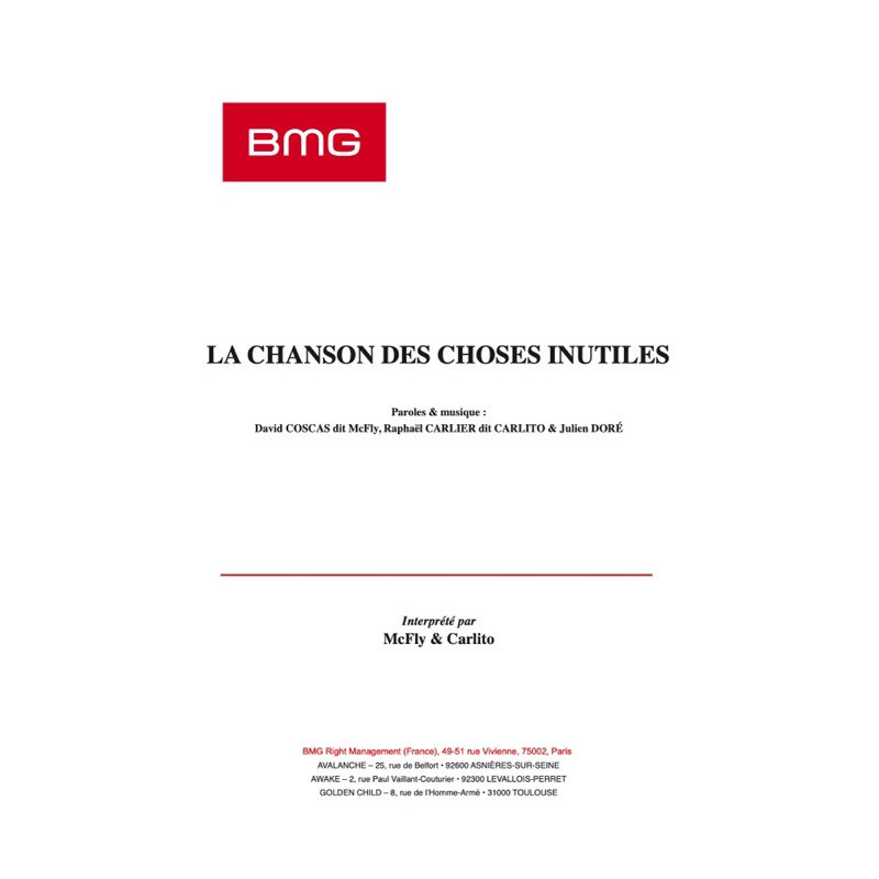 Partition LA CHANSON DES CHOSES INUTILES MCFLY & CARLITO