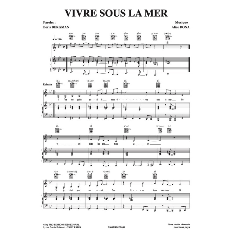 Partition VIVRE SOUS LA MER ALICE DONA