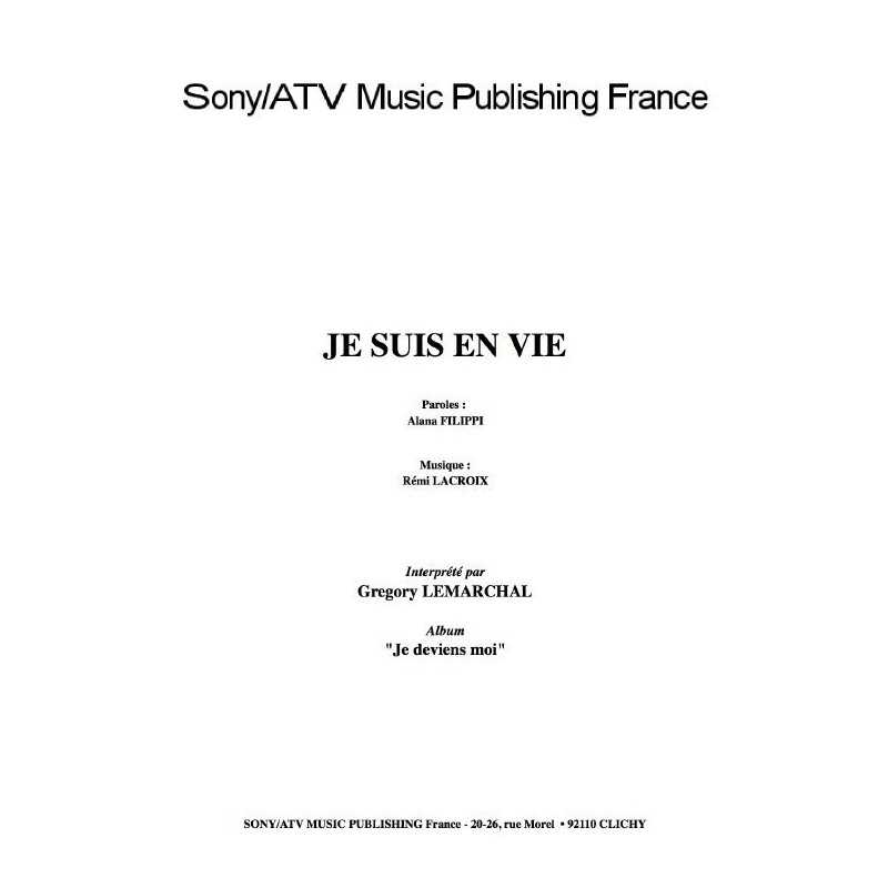 Partition JE SUIS EN VIE Grégory Lemarchal