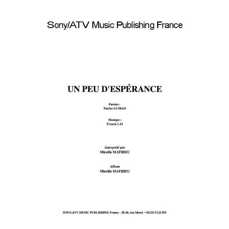 Sheet music UN PEU D'ESPÉRANCE Mireille Mathieu
