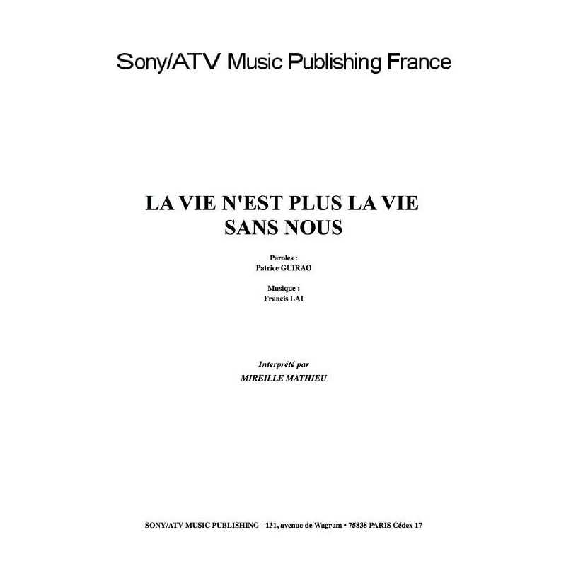 Sheet music LA VIE N'EST PLUS LA VIE SANS NOUS Mireille Mathieu