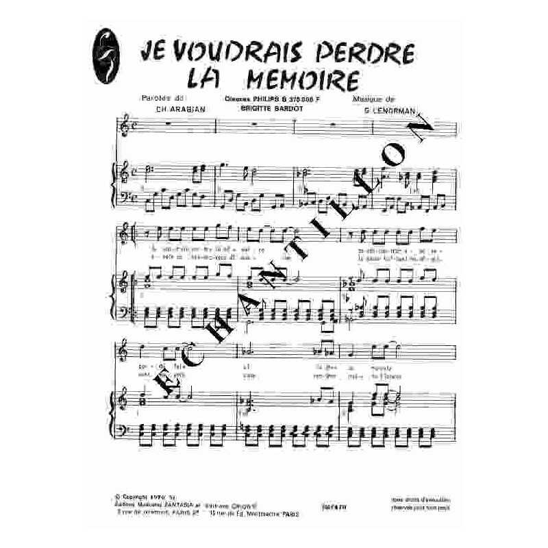 Sheet music JE VOUDRAIS PERDRE LA MÉMOIRE Brigitte BARDOT