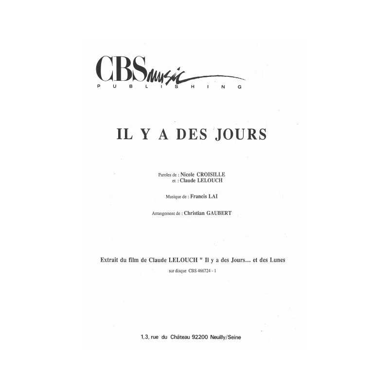 Sheet music IL Y A DES JOURS Francis LAI