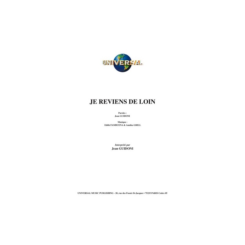 Sheet music JE REVIENS DE LOIN Jean GUIDONI