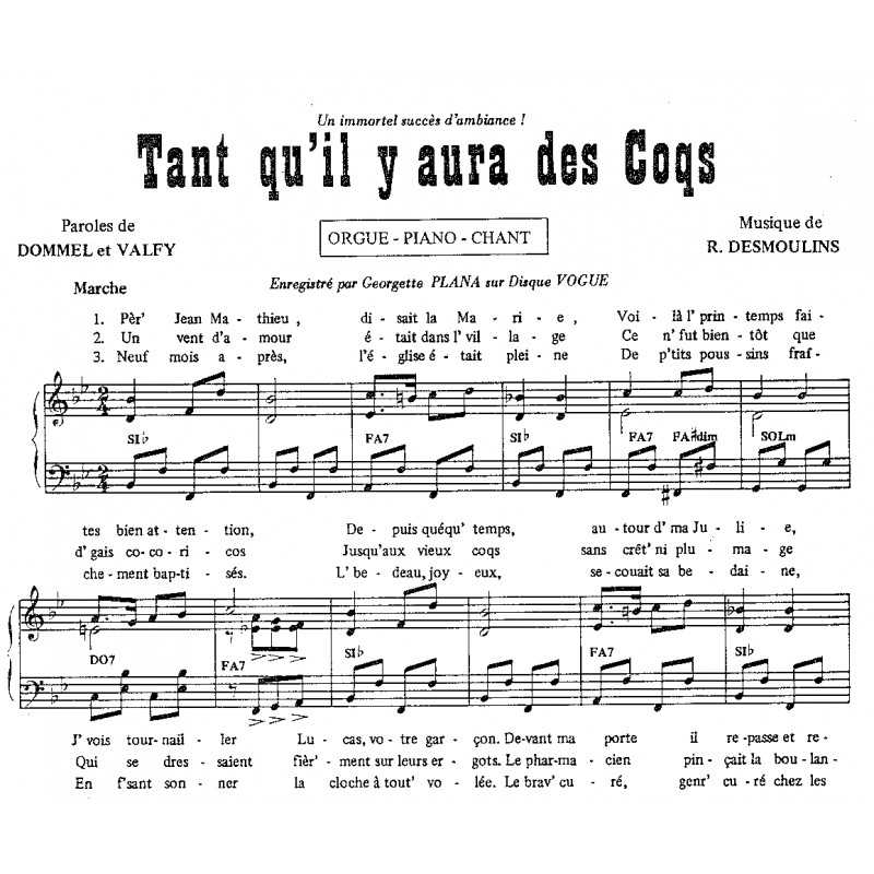 Partition TANT QU'IL Y AURA DES COQS Georgette Plana