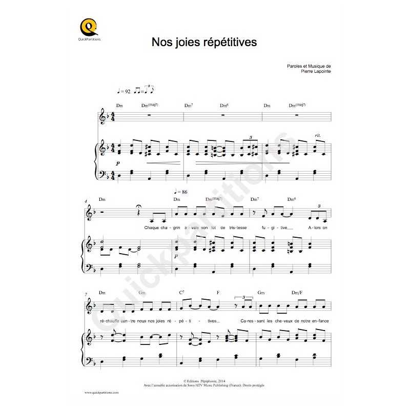 Partition NOS JOIES RÉPÉTITIVES Pierre Lapointe