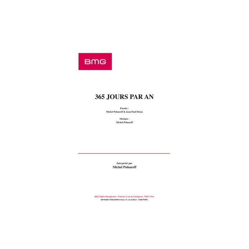 Sheet music 365 JOURS PAR AN Michel POLNAREFF sheet music