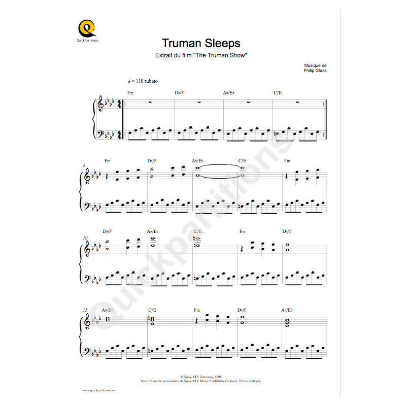 Sheet music TRUMAN SLEEPS Philip GLASS