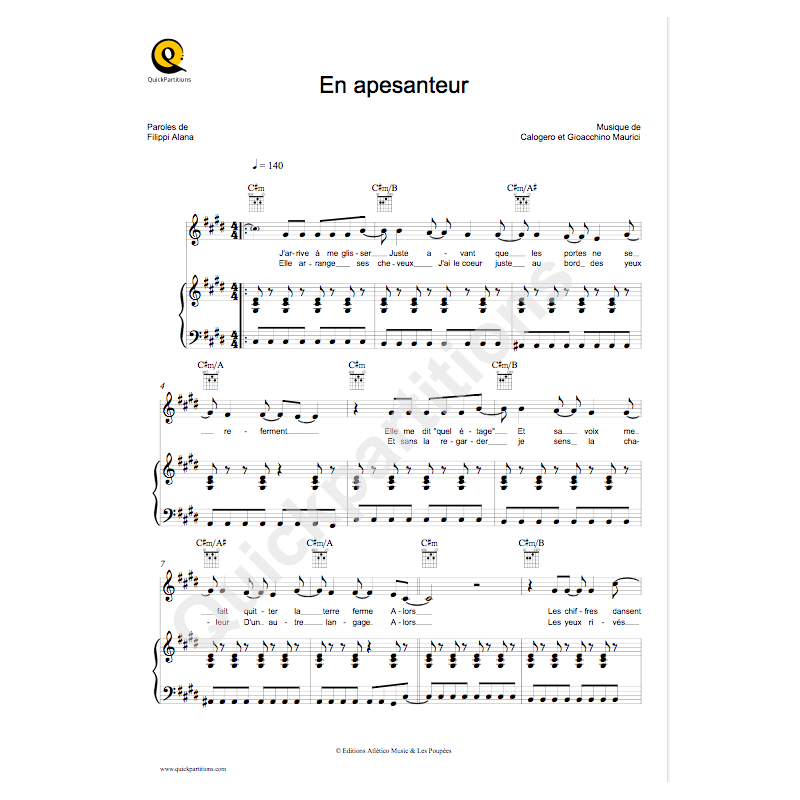 Sheet music EN APESANTEUR Calogero