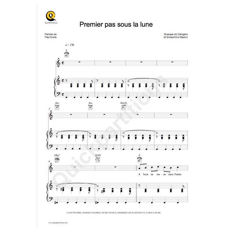 Partition PREMIER PAS SOUS LA LUNE CALOGERO