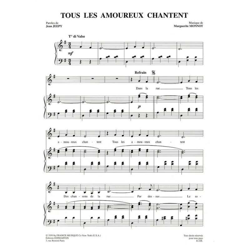 Partition TOUS LES AMOUREUX CHANTENT Edith PIAF