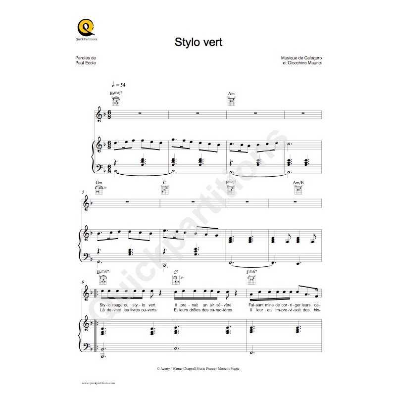 Sheet music STYLO VERT Calogero