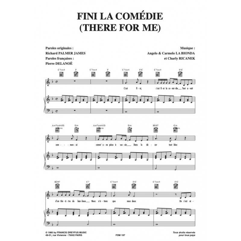 Sheet music FINI LA COMÉDIE (THERE FOR ME) Dalida