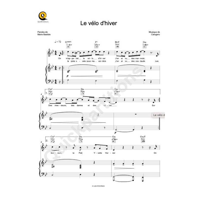 Partition LE VÉLO D'HIVER Calogero