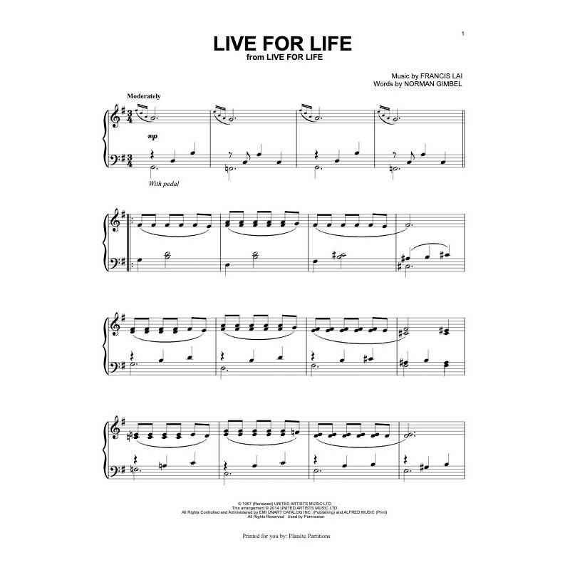 Sheet music LIVE FOR LIFE (VIVRE POUR VIVRE) Francis Lai