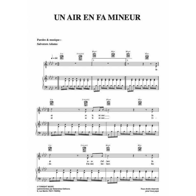 Partition UN AIR EN FA MINEUR Salvatore ADAMO en duo avec JULIETTE