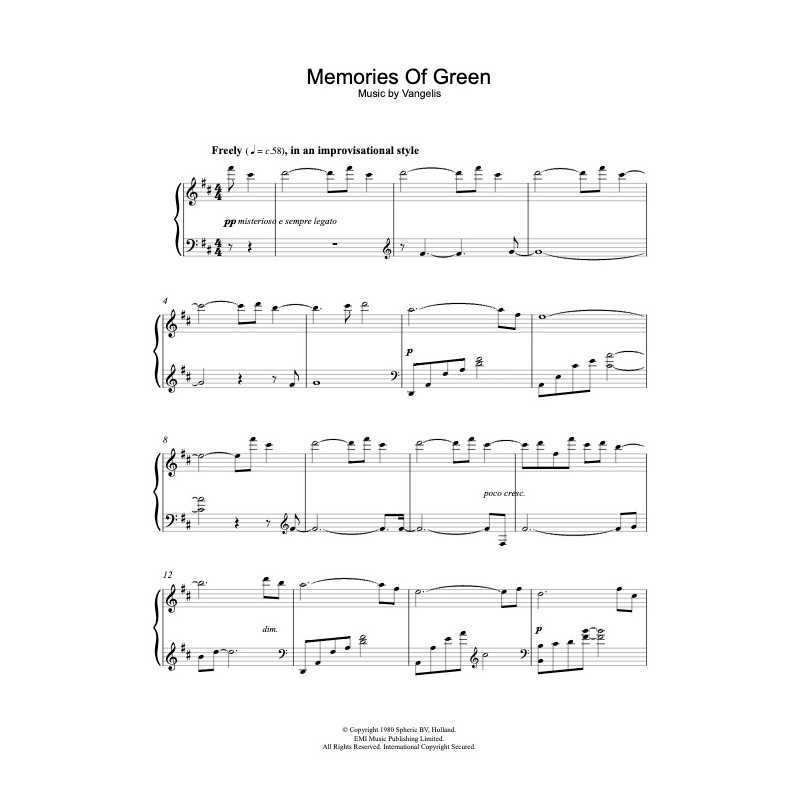 Sheet music MEMORIES OF GREEN Vangelis