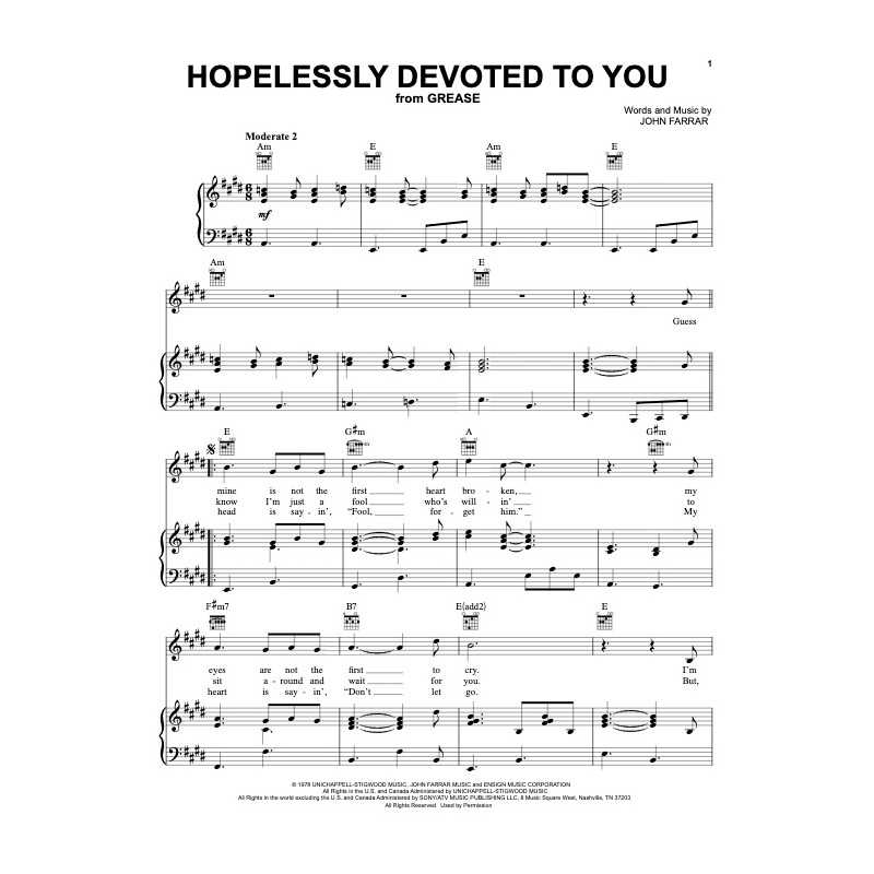 Sheet music HOPELESSLY DEVOTED TO YOU Olivia Newton-John