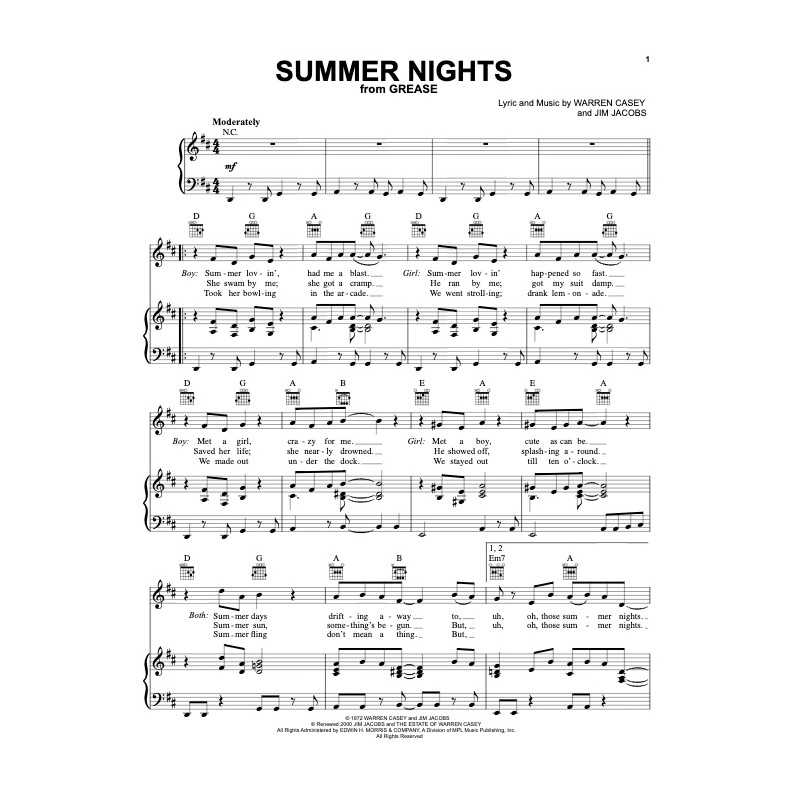 Sheet music SUMMER NIGHTS Grease