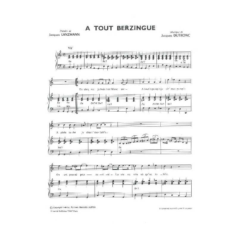 Partition A TOUTE BERZINGUE Jacques DUTRONC