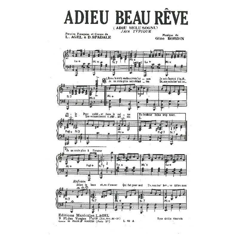 Partition ADIEU BEAU REVE (ADIU BELU SOGNU) Léon AGEL