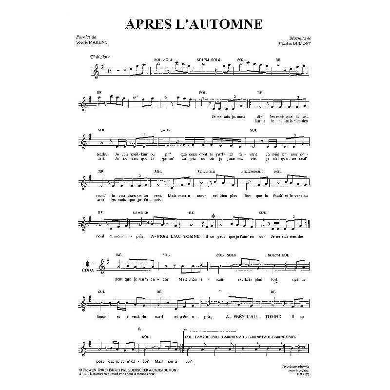 Partition APRES L'AUTOMNE Charles DUMONT
