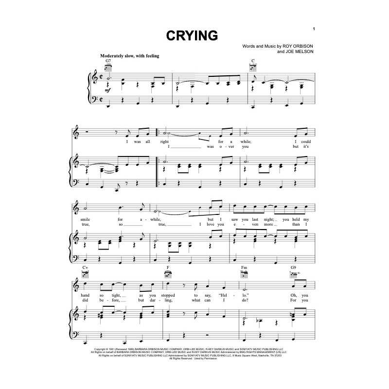 Sheet music CRYING Roy Orbison