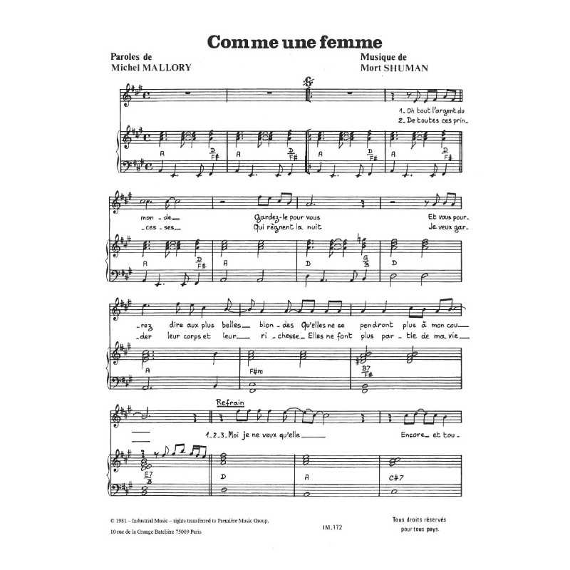 Partition COMME UNE FEMME Johnny Hallyday