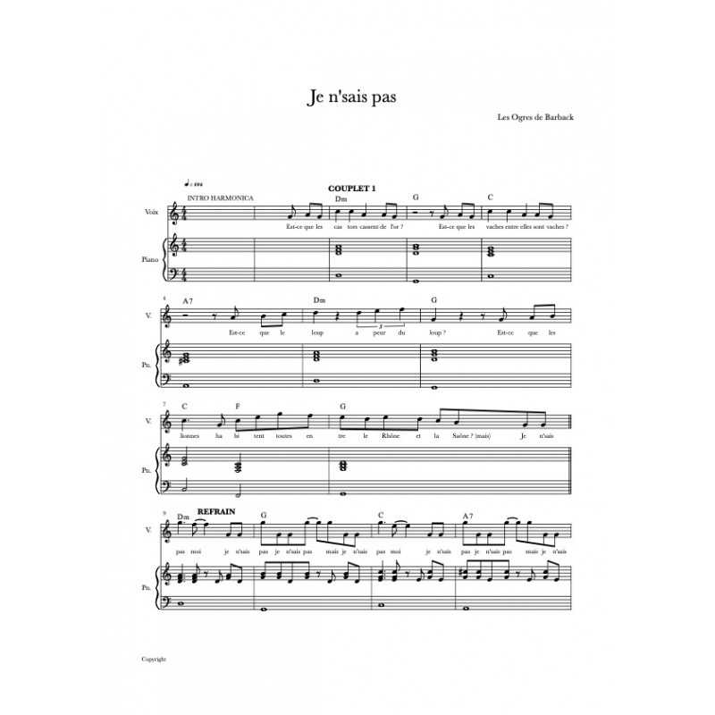 Sheet music LA LISTE DE PITT OCHA LES OGRES DE BARBACK