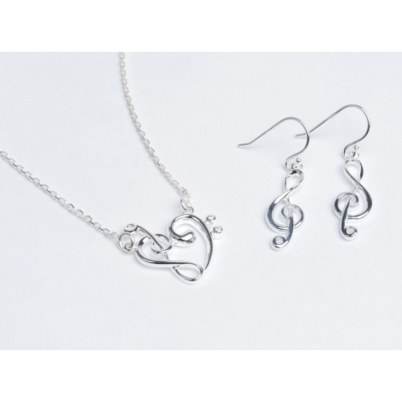 PARURE CŒUR DE CLÉ + BOUCLES D'OREILLES CLÉ DE SOL (ARGENT MASSIF)